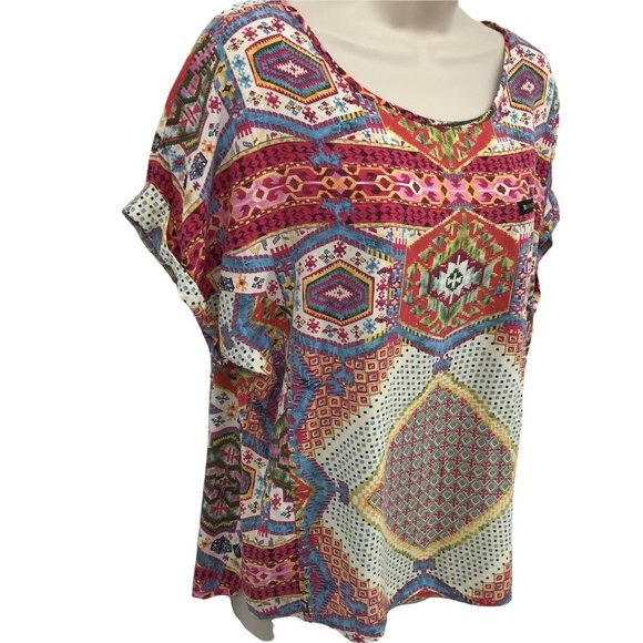 Raindrops By Papillon Womens Boho Print Cuffed Sleeves Multicolor Blouse Size M - Picture 3 of 7